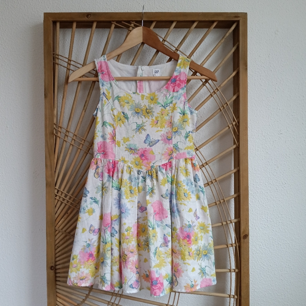GAP Kid's Sleeveless Floral Butterfly Pastel Linen Cotton Dress / Size Medium
